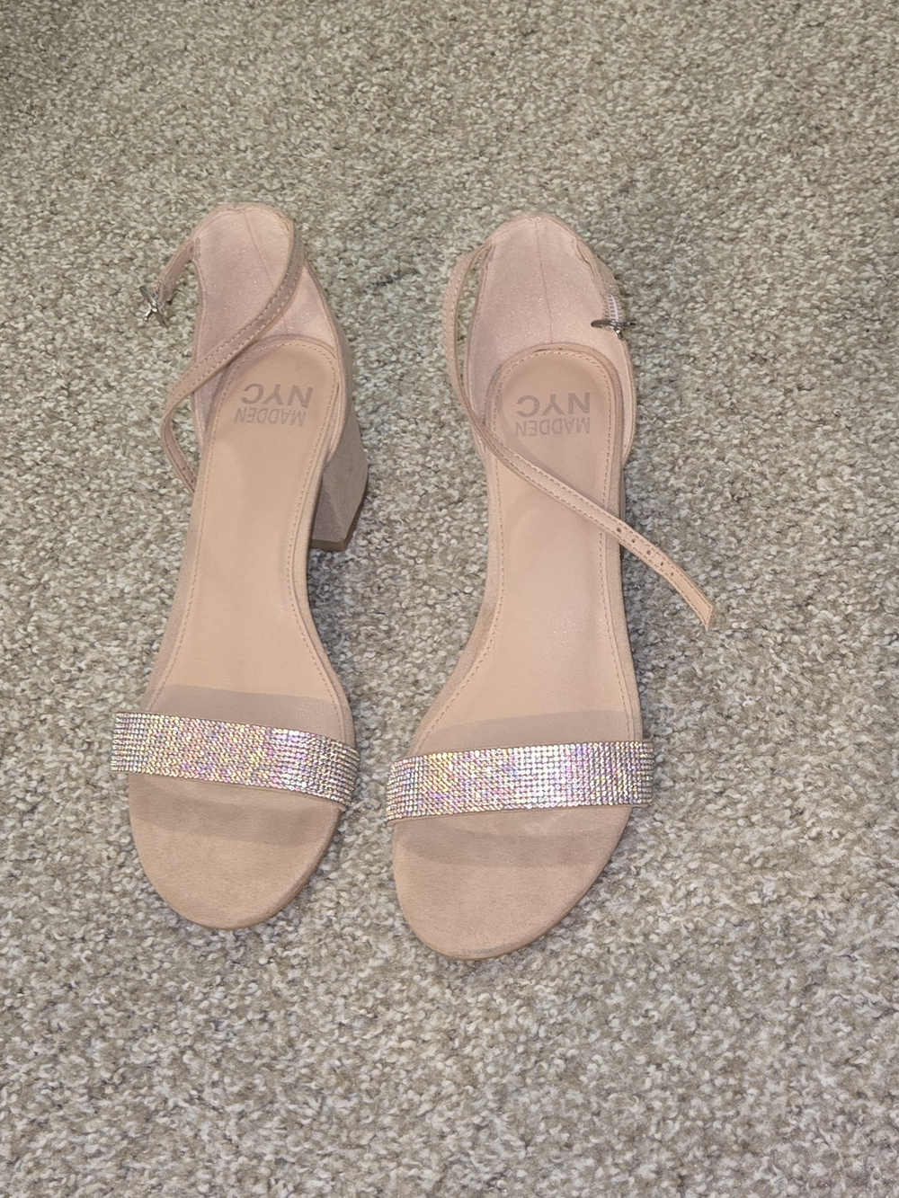 Madden NYC Blush Pink Crystal Strap Block Heel Sandals